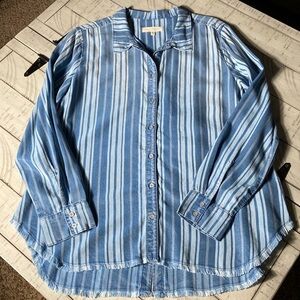 Side Stitch Tencera Striped Button Front Frayed Hem Shirt Blue Small New